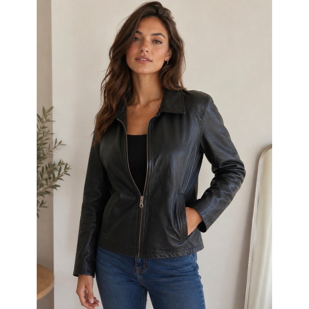 Wilsons The Leather Experts Black Leather Zip Front Jacket Womens Large L